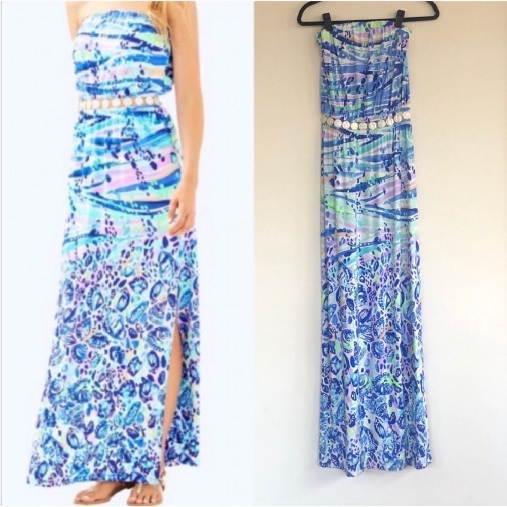 Dress Blue Currant Making Chasing  Waves Mika Strapless Maxi Lilly Pulitzer